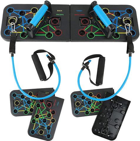 MJ Sports Premium 13 in 1 Push ups Board met Weerstandsbanden - Fitness Opdruk Bord - Bars - Push-ups Grips - Push up Bord - Opvouwbaar - Weerstandskabels - Borst - Triceps - Schouders - Benen - Krachttraining - Crossfit - Full Body Workout