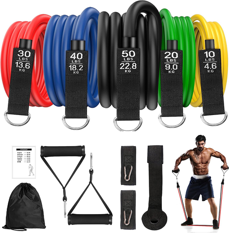 MJ Sports Premium Resistance Band Set - Fitness Elastiek - Weerstandsbanden - Strap Handles - Ankle Straps - Home Workout - Fitness - Set van 12 - Inclusief Draagtas & Handleiding